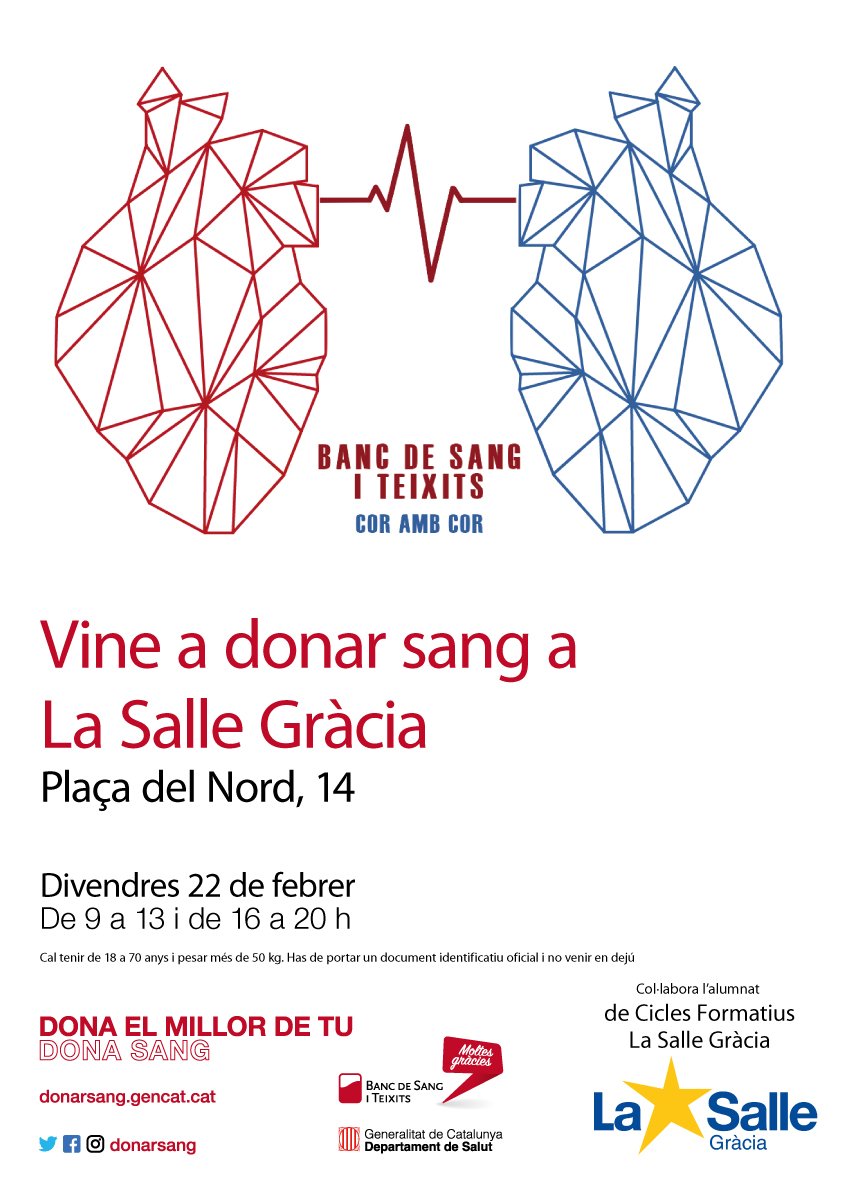 Tu donación salva vidas.

22 de Febrero⭐️
9-13 H, 16-20 H🕒
Plaça del Nord,14, <a href="/LaSalleGracia/">La Salle Gràcia</a> 📍