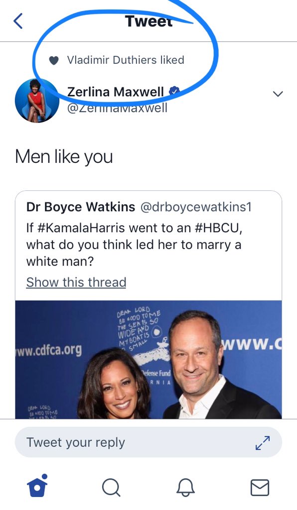 interwebtripper's tweet photo. @vladduthiersCBS I suspected you were a prick, but this takes the cake. What does it matter @KamalaHarris married a white man? Are you a racist? https://t.co/5spSBGgMwD