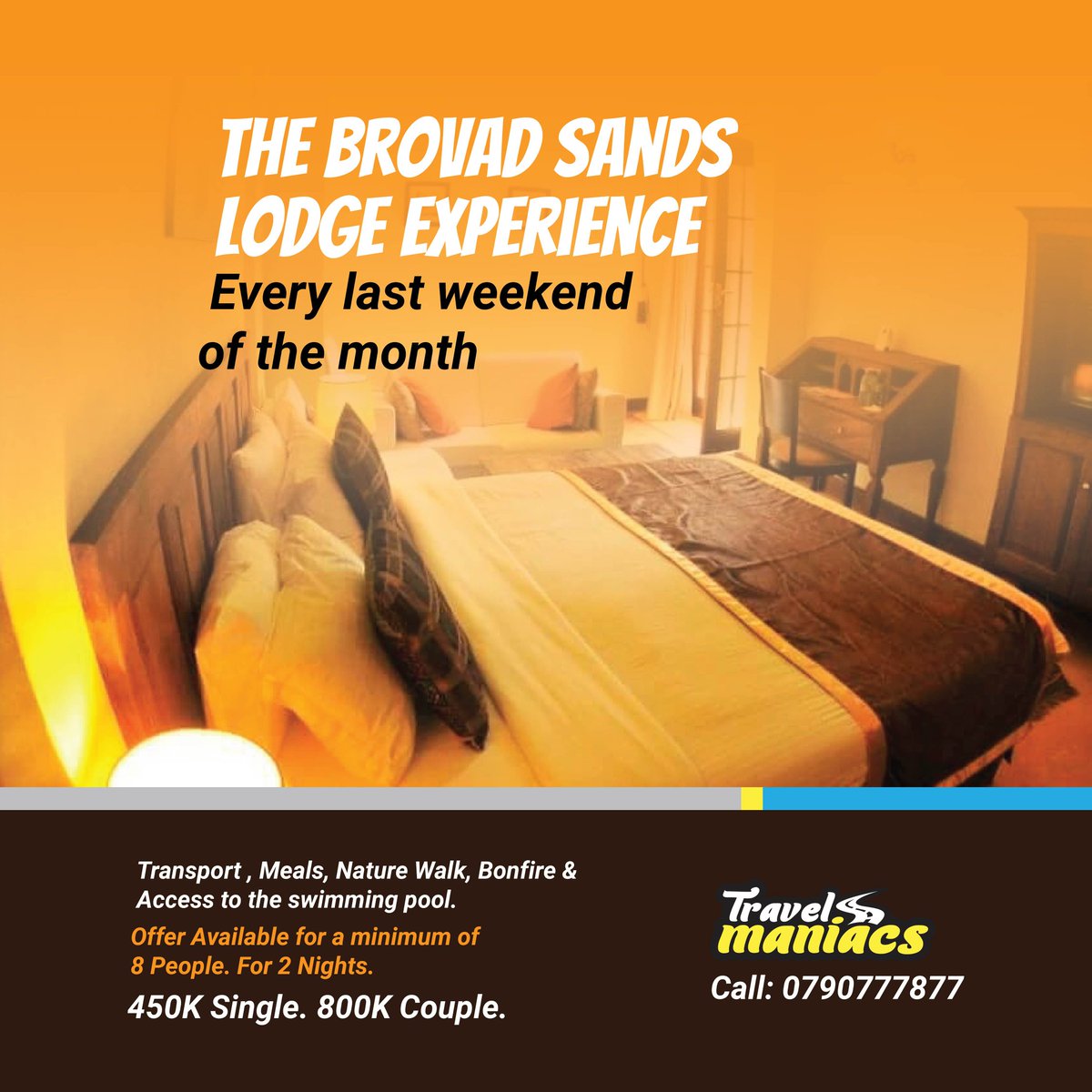 Thinking about where to go spend your last weekend of month? We have you covered.

You can now visit Brovad Sands Lodge every last weekend of the month at a discounted fare. (Offer available for a minimum of 8 people.)

Call/Whatsapp 0790777877 for bookings and reservations.