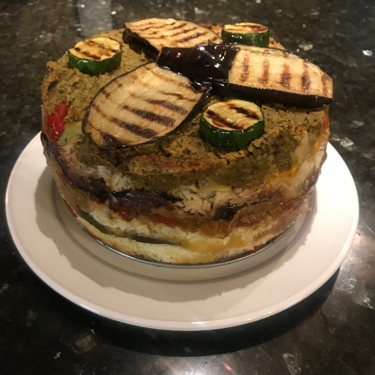 Maeve L Estrange My Sourdough Starter Was A Bit Sluggish Yesterday So I Baked This Mezze Cake Layers Of Aubergines Courgettes Peppers Sun Dried Tomatoes Artichokes Hummus Rice Home Made Baba Ganoush
