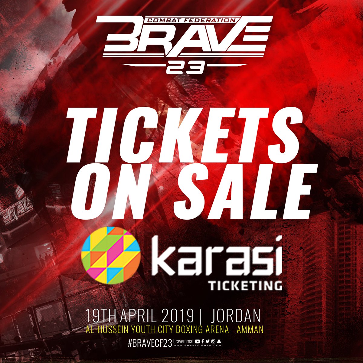 bravemmaf's tweet photo. That's right! You can get your tickets for the biggest event of the year in Amman right now. Go to Karasi and secure your spot at Brave 23.
👊🏻 Brave 23
📅 April19, 2019
📍 Al Hussein Youth City Boxing Arena
🎟 https://t.co/OyKSAqeFS2
#BraveCF23 #BraveJordan https://t.co/ExIZfUzm7W