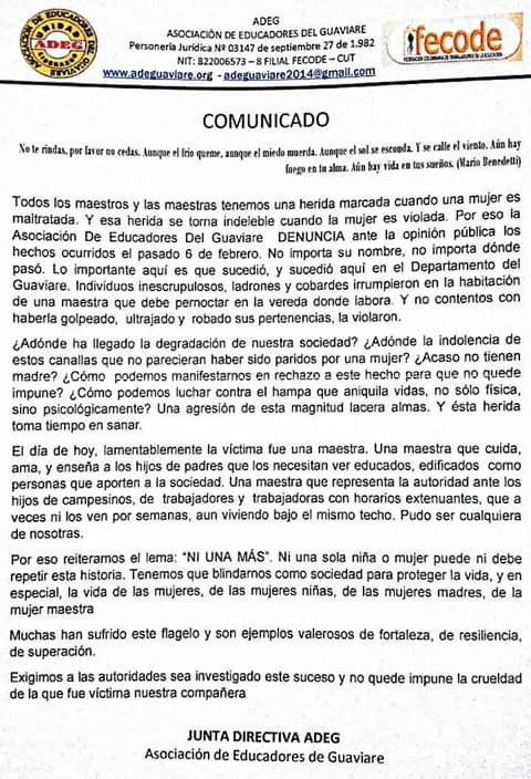 WILLYCARMONAM's tweet photo. #NiUnaMas
#YoApoyoFecode
Denuncia maestra del Guavire, por agresión y violacion sexual.
El jueves salimos a protesta, vamos a mantener en Guaviare mientras no haya avances en la investigación y captura de esos salvajes. @UneesCol @fecode @adebogota @NoticiasUno @MisionONUCol https://t.co/nFRwsFefa7