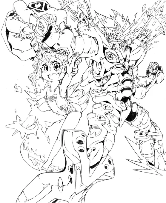 2014 らくがき
ラフを交換して線画かいて別の人が色塗る…
って遊びが一瞬流行ったときの線画

水使いの少女と、半身炎に包まれた男性…
っラフを大幅に無視して描いた記憶がある… 
