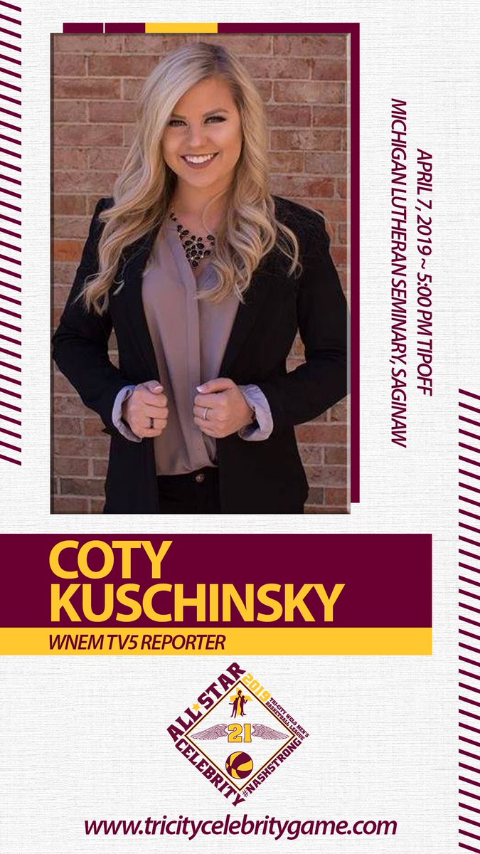 WELSBasketball's tweet photo. @CotyKuschinsky will be returning to the court this year to play in her 2nd All Star Celebrity Game. She is a news reporter for @WNEMTV5news . She is a proud graduate of @CMUniversity. #nashstrong21 #WELScelebritygame2k19 https://t.co/7d2STsbEMK