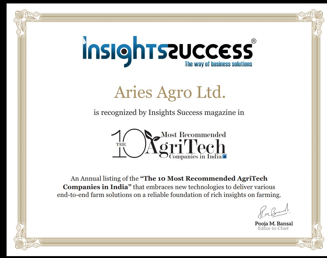#AriesAgro's continuous efforts in bringing the best-in-class crop nutrition technologies to Indian farmers formally recognised.