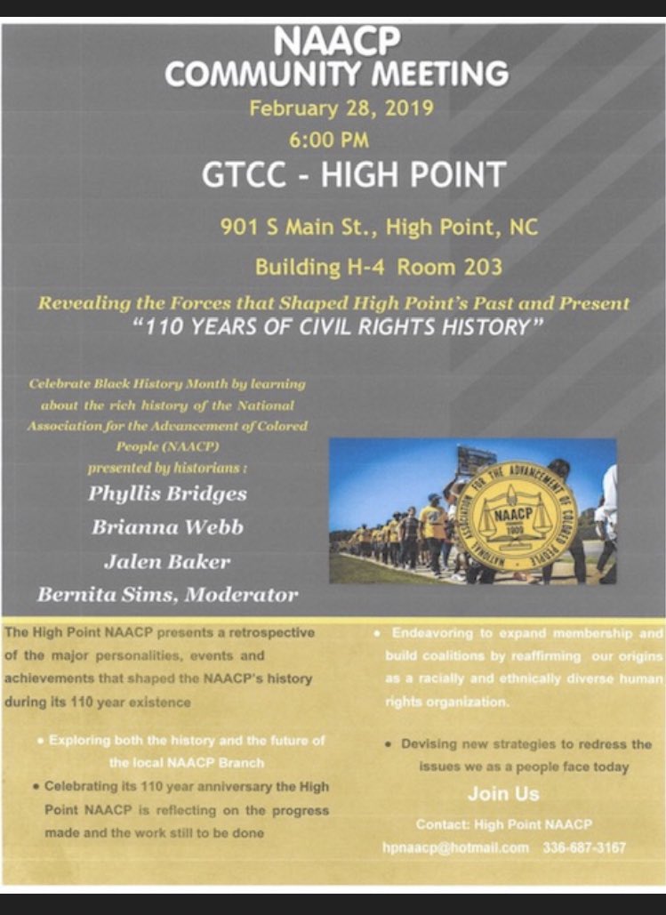 Please join the High Point Branch of the NAACP and our panel of historians, for our Community Meeting presenting “110 Years of Civil Rights History” and how it shaped High Points past and present. It will be held on February 28th at 6:00 pm. #110for110  #highpoint  #naacp