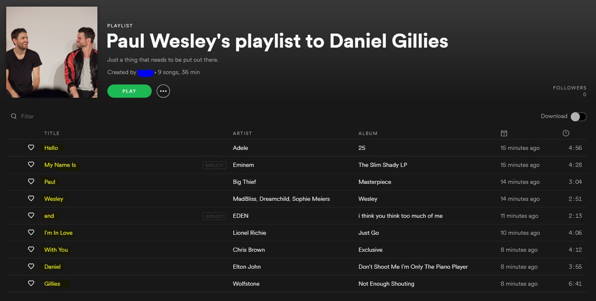 Mnxeu's tweet photo. Bored on #Spotify and this happened. 😂

They're actually decent songs too, I'm impressed.

#DanielGillies #PaulWesley #TheOriginals #TVD #VampireDiaries #TheVampireDiaries #Stelijah #Playlist https://t.co/DkAY1cAbue