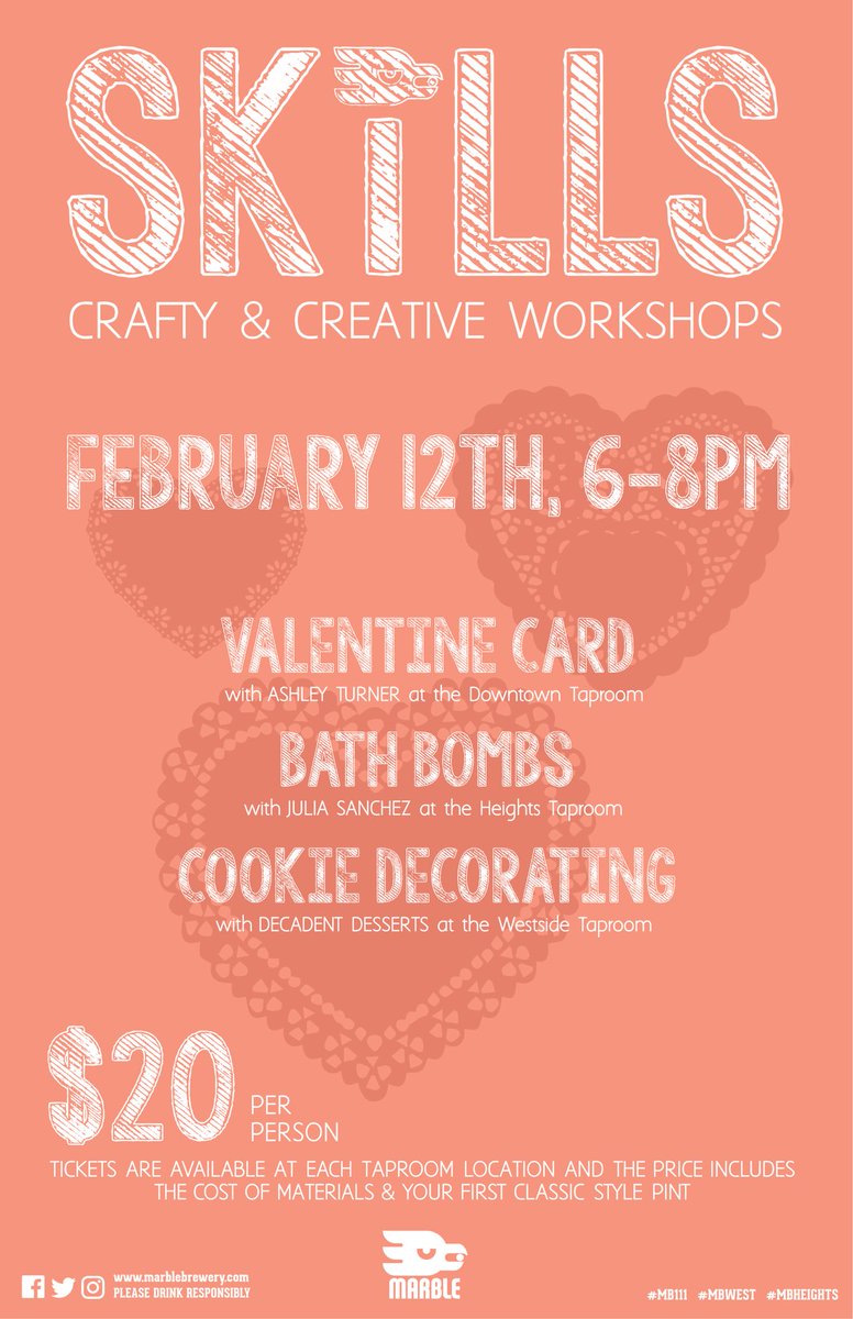 MarbleBrewery's tweet photo. Feelin’ crafty?! Join our ‘SKILLS: Creative & Crafty Workshops’~V-Day edition!💗3 diff. classes @ each of our taprooms! *THIS Tuesday-2.12.19!❤️Cookie Decorating by @dessertsabq at #MBWest!❤️Hand lettering by Ashley Rose @ #MB111!❤️Bath Bombs by Julia @ #MBHeights! https://t.co/uOLjyMOwaf