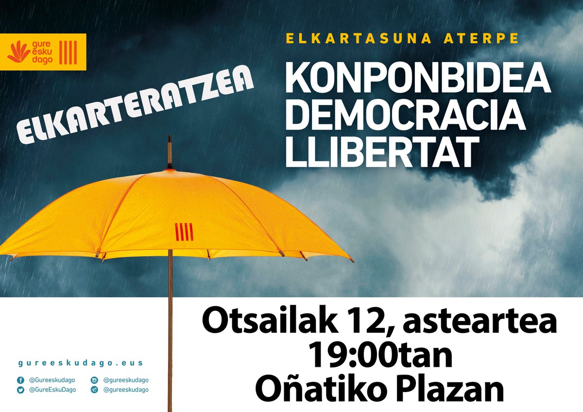 ELKARTERATZEA!

➡️ Ez da soilik katalanen aurkako epaiketa. 
➡️Denon eskubideak epaitzen ari dira. Salatu dezagun.  
🗓Otsailaren 12an
📌 Oñatiko Plazan
 🕖 19:00etan

#Konponbidea #Democracia 
#LLIBERTAT 🖐