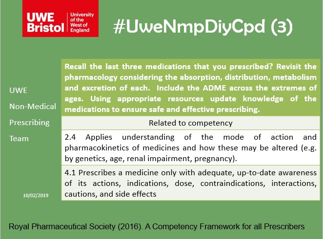 UWE_NMP's tweet image. #UweNmpDiyCpd - weekly questions linked to @nmcnews and @rpharms competencies perfect for targeted CPD for prescribing appraisals and revalidation  #uwenmp - DM us for a template or make your own @UHP_NHS @RCHTWeCare @NBTNursing @RUHBath @GWH_NHS @UHBristolNHS @gloshospitals
