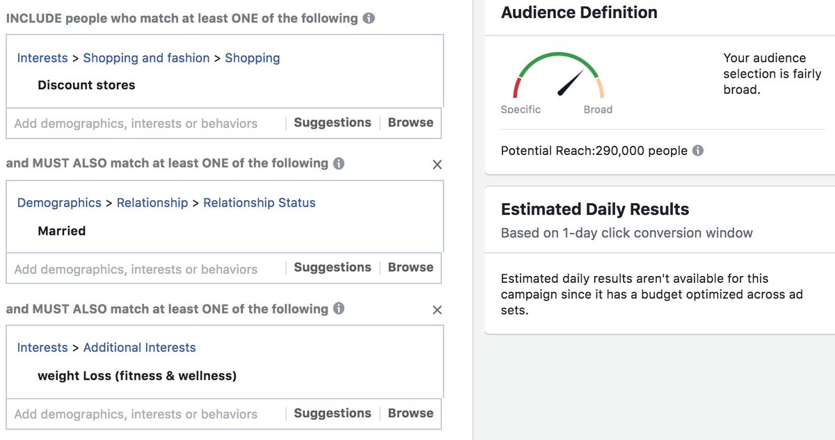 Day 14 - 2/10One of the most common FB targeting mistake is trying to get too narrow. When it comes to interest-based prospection, start broad, not narrow.By doing something like this  you are almost guaranteeing that you won't see success with Facebook Ads.