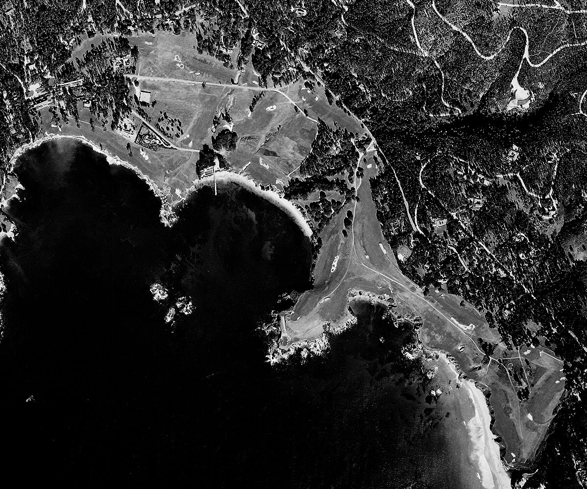 Pebble Beach 1941. I wish it were easier to see if green sizes have changed since then. Number 7 looks like it was all sand with a grass oasis.