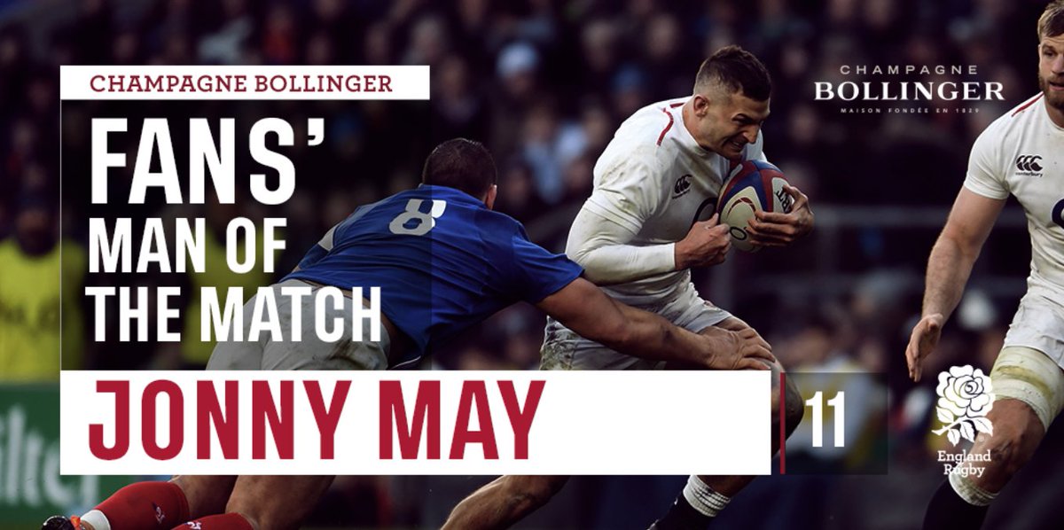 EnglandRugby's tweet photo. Your @BollingerUK Fans' Man of the Match... Jonny May.

#ENGvFRA #CarryThemHome 🌹 https://t.co/bIrfQVIYj5