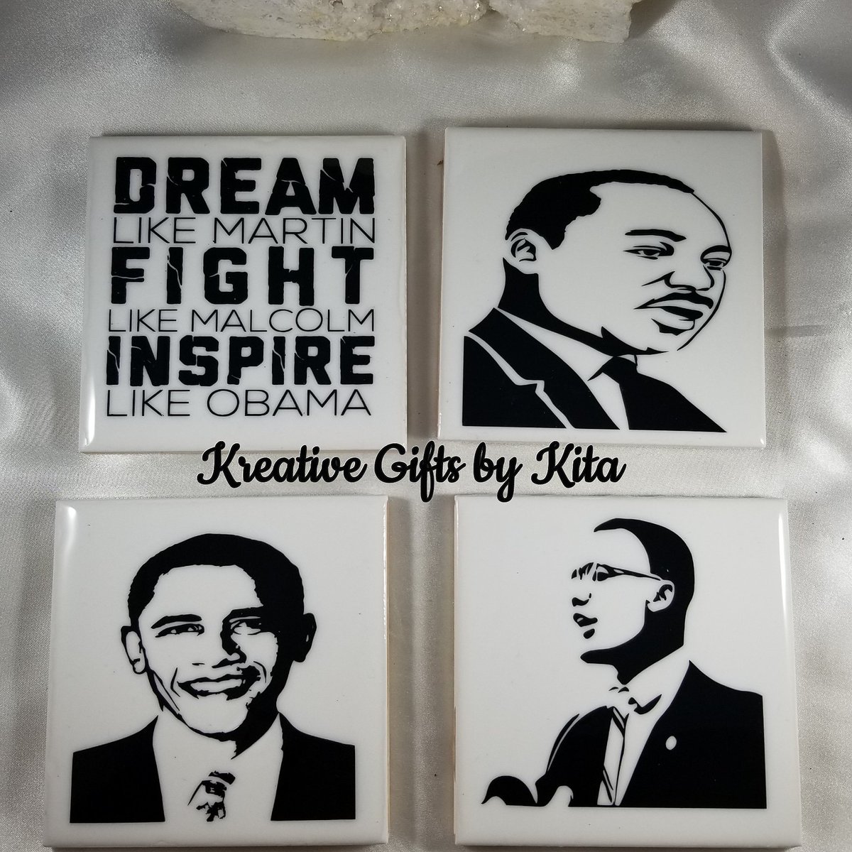 FanLynRu's tweet image. Dream like Martin, Fight like Malcolm and Inspire like Obama 4 piece coaster set available for purchase on our website kreativegiftsbykita.com listed under Kustomized Gifts and Accessories
#kitaskreations #fanlynru #himbykitaskreations #jewelry #accessories #mlk #MalcomX #Obama