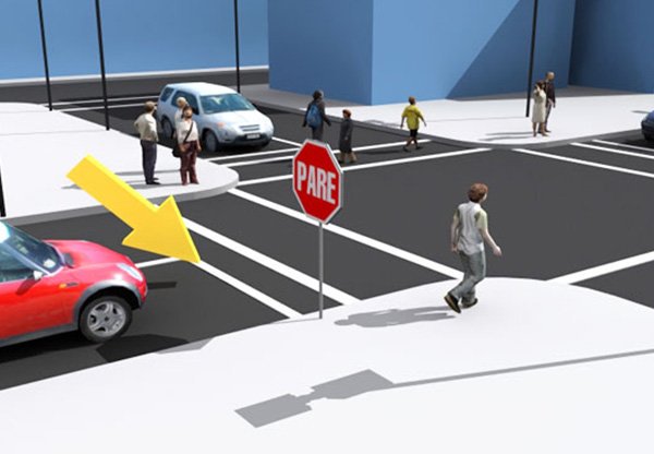 Un vehículo frenando de emergencia después de que el conductor ve la señal de peligro de desnivel en la vía.