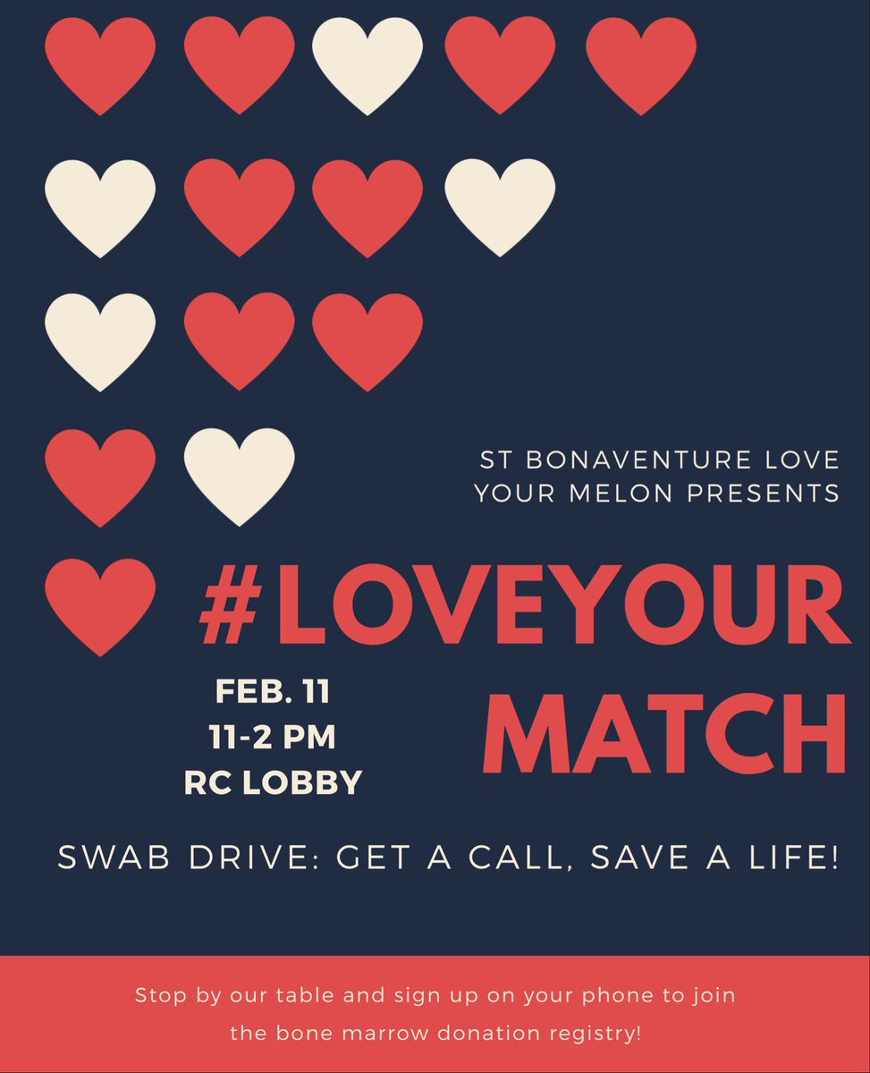 bonaventurelym's tweet photo. Stop by our table tomorrow in the RC from 11 to 2 and sign up to be on the @bethematch bone marrow donation registry!
Registration is completely on your phone - it couldn’t be easier!! Come #loveyourmatch with us ❤️🍈 https://t.co/lxcyB2hK17