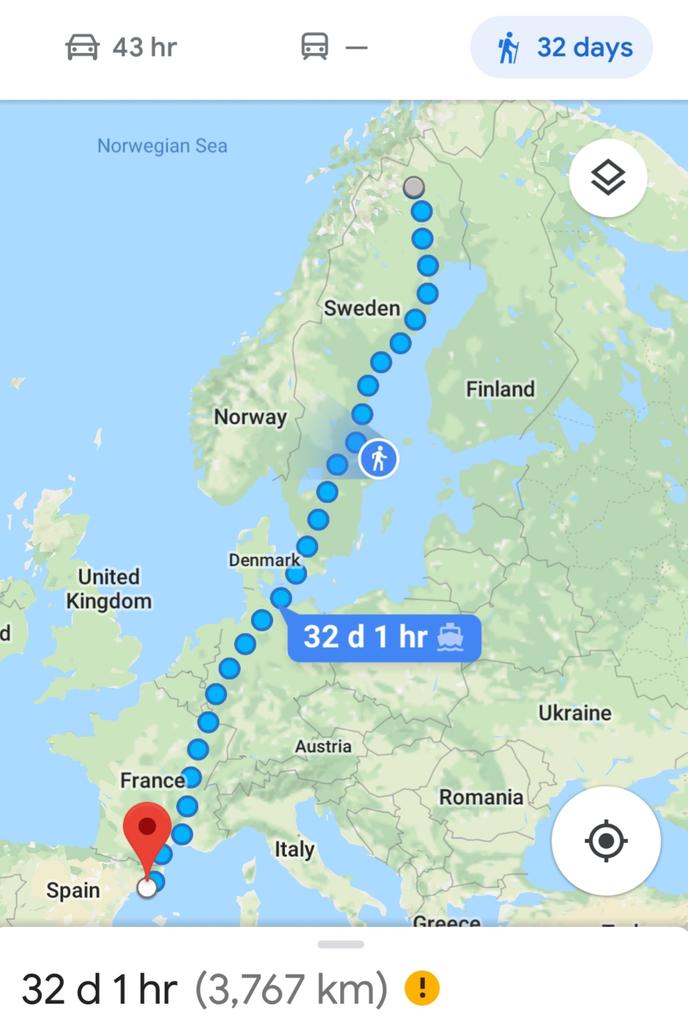 JVLazarus's tweet photo. Slowly making my way across Europe from -21C to 18C, many modes of transportation in one day... #Samiland #AuroraBorealis #BuenCamino https://t.co/0eSWqbK0Xb