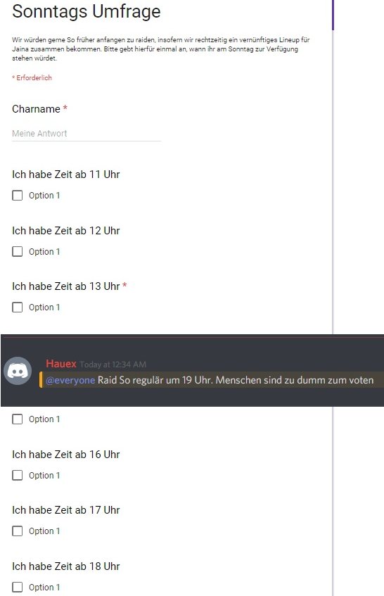 <untitled spreadsheet> has no remorse. Here is a poll posted in their guild discord. Not only does it ask whether raiders want to commit disgusting overtime, but how much? 11am start? You're walking down an icy path that ends in Aversion. Thankfully the poll was unsuccessful.