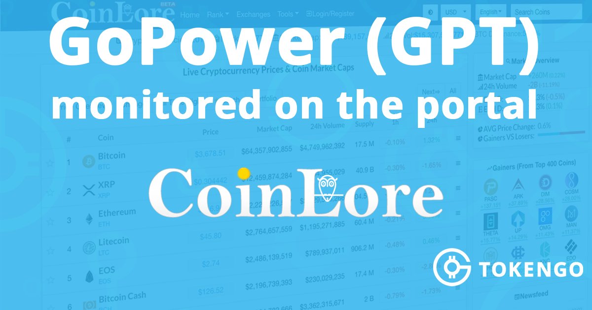 Token_Go's tweet image. 📊 GoPower (GPT) began to be monitored on the large cryptocurrency platform @Coinlore 
👉 coinlore.com/coin/gopower

#GPT #TokenGo #GoPower #cryptocurrency #Blockchain #ethereum  #Bitcoin #CoinLore @CoinLore @Token_Go