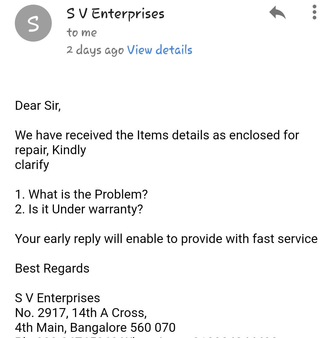 0/10 aftersaleservice frm @boschindia @BoschGlobal I've sent my device2 weeks ago for repair which is under warranty  with bil & a letterregarding problem. when i call themfor the updateon mydevice  they sent these mail. Y u'll didn'task me whnI've to knwwhether ureceived itornot