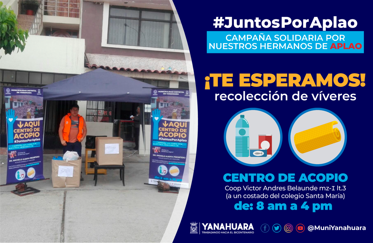 muniyanahuara's tweet photo. #JuntosPorAplao ¡Tenemos un segundo centro de acopio! Coop Victor Andres Belaunde mz-I lt.3 (a un costado del colegio Santa María). https://t.co/zq30eWBu8r