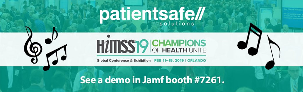 PatientSafeSoln's tweet photo. Are you ready to rock #HIMSS2019? Visit PatientSafe Solutions in @JAMFSoftware booth 7261 to see a demo of our clinical mobility app. Look to #Jamf to help you support and manage your #Apple and #PatientTouch investment. #HealthIT #ClinicalMobility #PatientSafe https://t.co/FBhmTd0qH7
