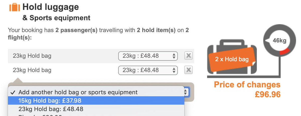 silviasanchz's tweet photo. Tell me if this is not a #darkpattern I want to add a hold luggage @easyJet and looks like the cheapest one is 23kg (by default) until I clicked the last dropdown and surprise! there is a 15kg Hold bag..I wonder how many users bought more than what they need? #bemoretransparent https://t.co/POAz9XwJCQ