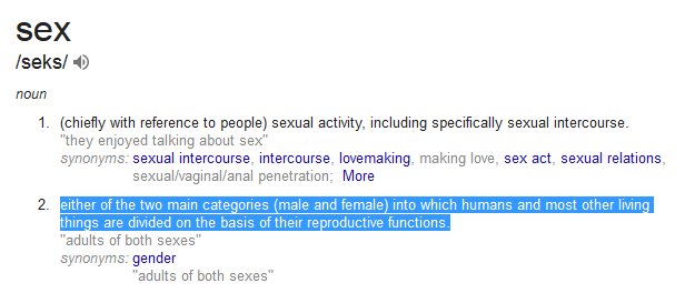 Here’s what I mean: If you look up “sex” in the dictionary, or get a lecture about biology from a TERF, you’ll invariably hear that “sex” is one of two categories (dictionary) or classes (TERFs) you’re put in based on whether you make ova or spermatozoa. 5/n