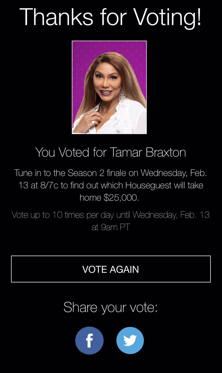 TLThaKING's tweet photo. Vote for @TamarBraxtonHer as America’s Favorite Houseguest 10x’s Everyday Until Wednesday! #AFHG #AFB #BBCeleb #BBUS2 #CBBTamar
https://t.co/u1BBPvGixI https://t.co/aze7gGH3vB