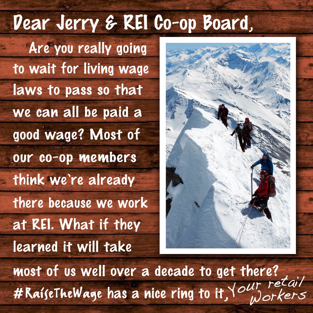 reigreenvests's tweet photo. A #snowpocolypse message to our CEO @REI. "#DearJerry, While you're buried neck-deep in snow, please kindly meditate on this hashtag --> #RaiseTheWage. We quite like the ring of that one. It's definitely on par with #OptOutside." #REIemployees #snowpocalypse2019 #FightFor15 https://t.co/HCSFwtcIhR