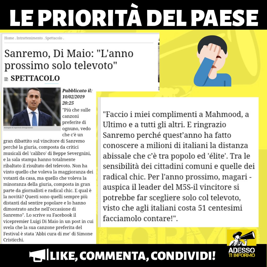 Isolari in Europa e nel mondo.
Crolla la produzione industriale, sale la disoccupazione, siamo in recessione e ci tagliano le stime di crescita del 2019 ma le priorità del super ministro #DiMaio sono ben altre.
Tipo il televoto di #Sanremo2019.
Prox anno televotiamo su Rousseau🤦♂️