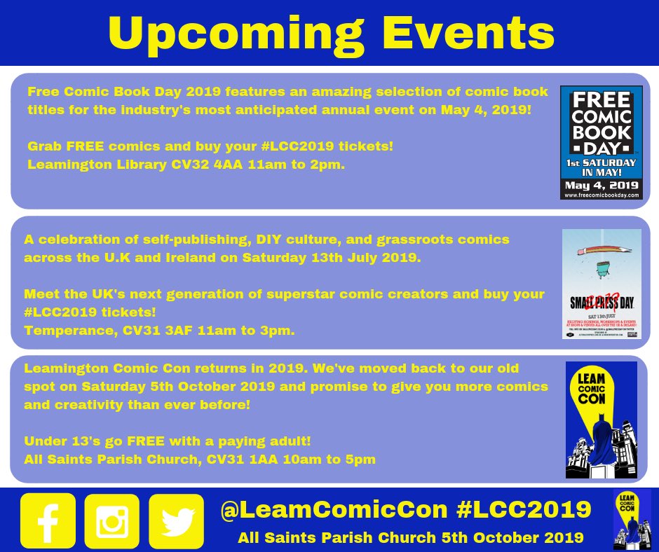 As part of our build up to #LCC2019, we’ll be hosting a number of events in #Leamington.

We’ll be hosting another <a href="/Freecomicbook/">Free Comic Book Day</a> event at Leamington Library on 4th May and <a href="/SmallPressDay/">Small Press Day - Saturday 19th July!</a> at Temperance on 13th July, plus a few more surprises before the big day on 5th October!