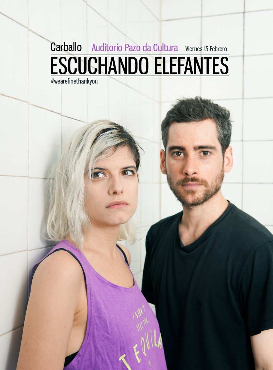 Carballo! Este viernes primer concierto del año ✌️
15/02 - Auditorio Pazo da Cultura - 21:00h

Entradas 👉 ticketea.com/entradas-conci…

#EE #Wearefinethankyou #Tour #EscuchandoElefantes
<a href="/carballo_gal/">carballo_gal</a> <a href="/CulturaCarballo/">Cultura Carballo</a>