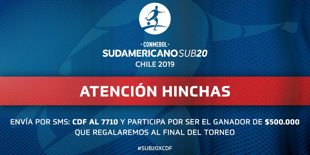 TNTSportsCL's tweet photo. ¡Participa con nosotros!
Envía un SMS con "CDF" al 7710 📱 y estarás participando por ganar un bono de $500.000 💰💵 que sortearemos HOY al finalizar el torneo.
#SUB20xCDF https://t.co/1Nf8Pkt8No
