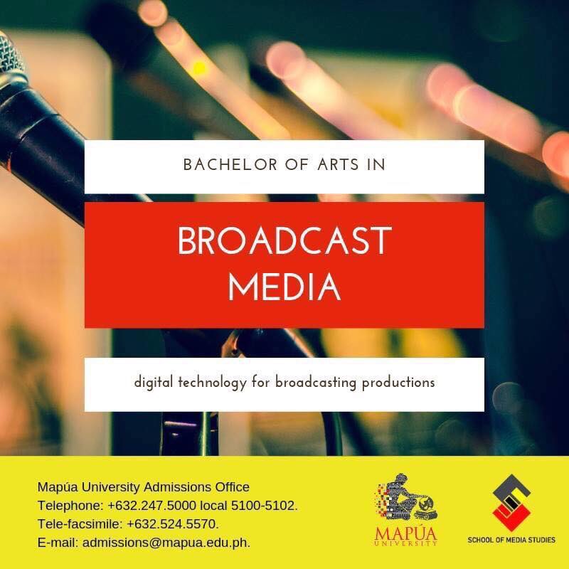 SMSMapuaUniv's tweet photo. NEW PROGRAM IN 2019-2020
Bachelor of Arts in Broadcast Media

Broadcast Media covers both the theoretical and actual radio and television production courses using new media platforms.

Opportunities for graduates https://t.co/pYFzqDqumr. https://t.co/idfUsnIWBE