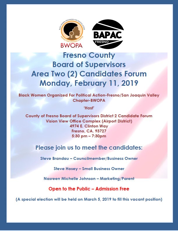 CenCalVALLE's tweet image. Let's support our BWOPA SJV Chapter sisters by attending the Forum for Fresno County Supervisor District 2. This special election is on March 5, 2019. #Vote