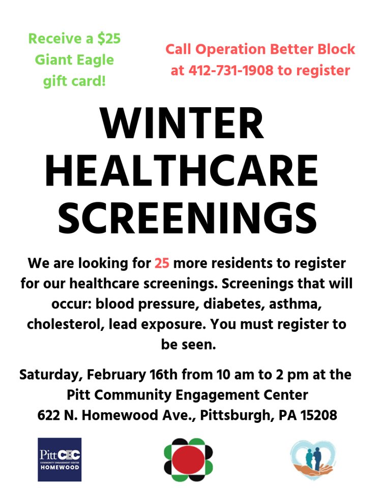 Nice2MediaMP's tweet photo. Get signed up for the Winter Healthcare Screening with #OperationBetterBlock! Follow @OBBlock on Twitter, IG and Operation Better Block on Facebook for more! #WhatsGoodHomewood #Pittsburgh #MyBlock #YourBlock #OurBlock
https://t.co/km3g5NoHGX https://t.co/IJy2anF93S