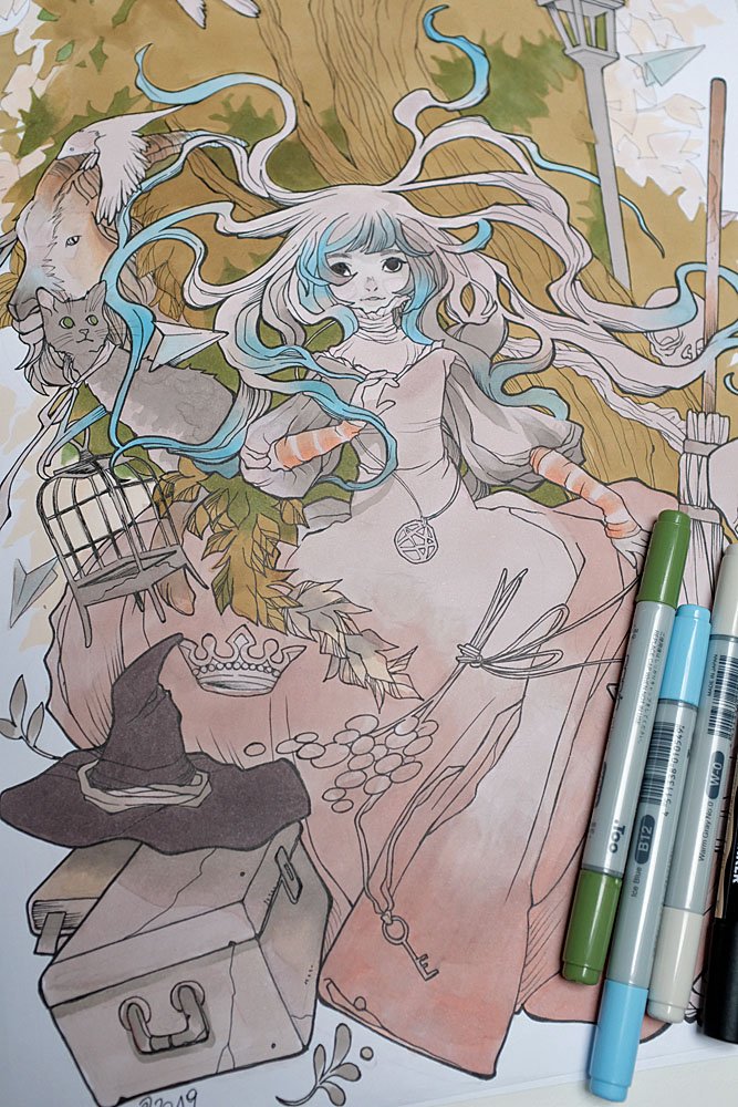 'February Witch' - Inkpens, markers, coloredpencils
.
#illustration #markersart #artistsontwitter #characterdesign #witch #animeart #traditionalart #natidraws #workinprogress