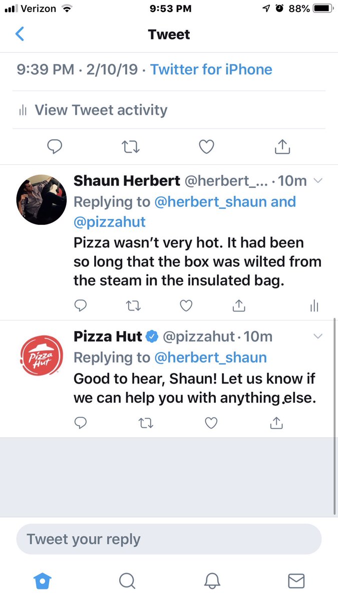 herbert_shaun's tweet photo. Good to hear? Wow will NOT be ordering @pizzahut anymore! https://t.co/hFfiYXpu4W