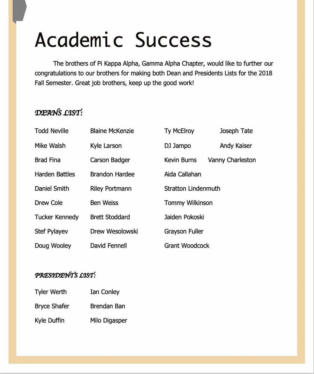 Congratulations to all our brothers who made the President’s or Dean’s list for the 2018 Fall Semester. Well deserved recognition for all your hard work. #φφ