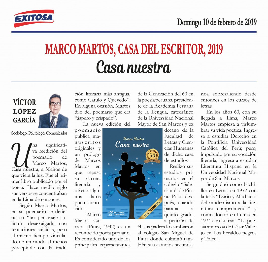MARCOMARTOSPERU's tweet photo. Amigos y amigas, comparto con ustedes la nota que publicaron hoy en el periódico Exitosa sobre la nueva edición de mi libro "Casa nuestra" #MarcoMartos #CasaNuestra #UNMSM #CasaDeLaLiteratura #poesía #poemas #versos #poema #poemas #poesias #accionpoetica #escribir #literatura https://t.co/XYWV2qke4j