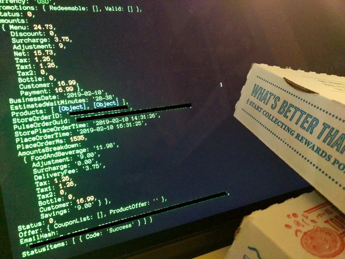 CodingGarden's tweet photo. I was testing the dominos API and my order actually went through... watch me do it live on Wednesday! https://t.co/7gaPuQKidb https://t.co/Z27WJrbSGv