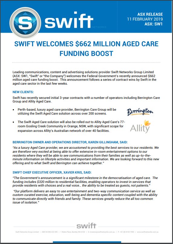 TimDohrmann's tweet image. With the Federal Gov&apos;t newly committed to a $662 million funding boost for #agedcare, today&apos;s announcement of two great new clients for #media business #SwiftNetworks (#ASX: $SW1) suggests real scope for ongoing improvement.

📝: asx.com.au/asxpdf/2019021…

#SW1 #tech #SVOD #auspol