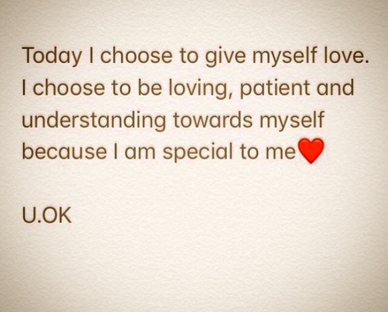 UOKLady's tweet photo. Today I #choose to give myself #love.
I choose to be #loving, #patient and #understanding towards myself because I am #special to me❤️ U.OK
#selflove #bekind #beloving #affirmations #affirmation #affirm #iamspecial #iamlove #iamloving #iamlight https://t.co/BM4XRpxlNQ