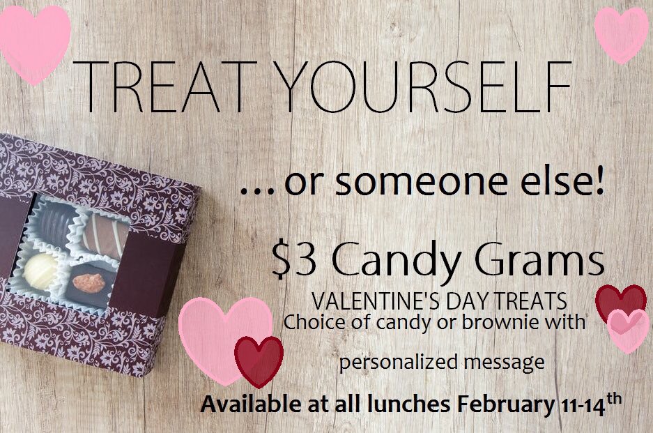 DRClassof2020's tweet photo. Don’t forget to buy Valentine’s Day candy grams for your friends/or even yourself at all lunches! You have the option of buying a bag of Valentine’s Day candy or a bag of homemade brownies, or both for $5. (All proceeds will go to the class of 2020) https://t.co/MzNnpWCPgi