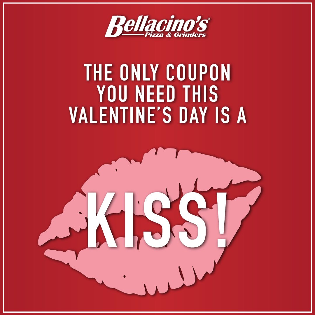 Come into Bellacino's on Valentine's Day, buy a half grinder &amp; share a kiss with a loved one &amp; get a second half grinder FREE! 😘

Carry out or dine in only. Valid 2/14/19. Lima location only. Limit one per customer per visit. First half grinder must be purchased at regular price