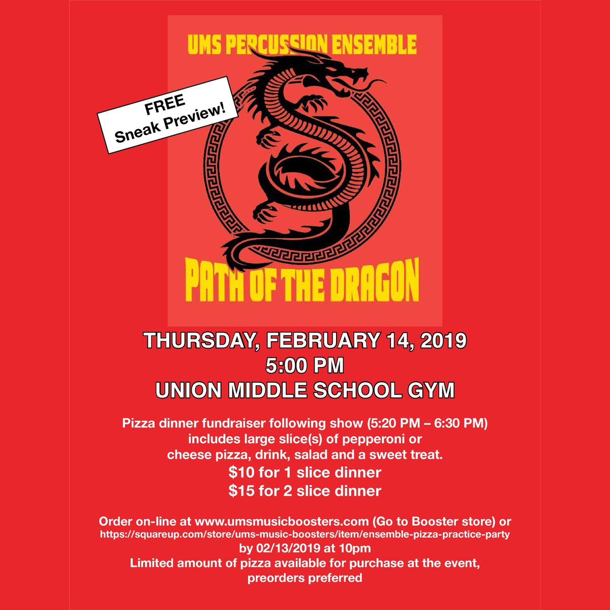 LeighBandGuard's tweet photo. Get a FREE sneak peak of the Union Middle School Percussion Ensemble’s “Path of the Dragon” performance as they prepare for their competition season. Feb 14th, 5PM in the UMS Gym. A PIZZA DINNER FUNDRAISER will follow. 

Pre-order pizza dinners here:
https://t.co/gZrfNi5rvt https://t.co/PhONNFqu07