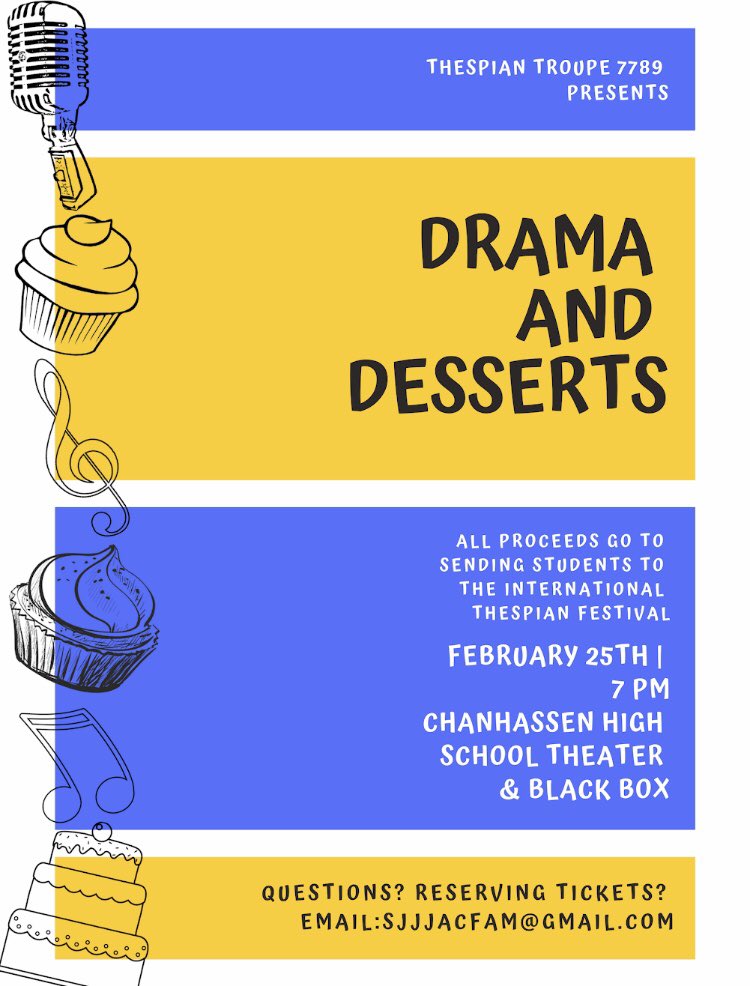 It’s that time! Thespian Troupe 7789 wants to see YOU at drama and desserts! Pre Order your tickets now! 
And businesses we want to work with you! We are looking for sponsors for our silent auction! 
Please contact the email below with any questions!
#its #thespian #DandD2019