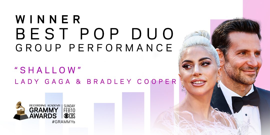 Congrats Best Pop Duo/Group Performance winner - 'Shallow' @LadyGaga and #BradleyCooper #GRAMMYs