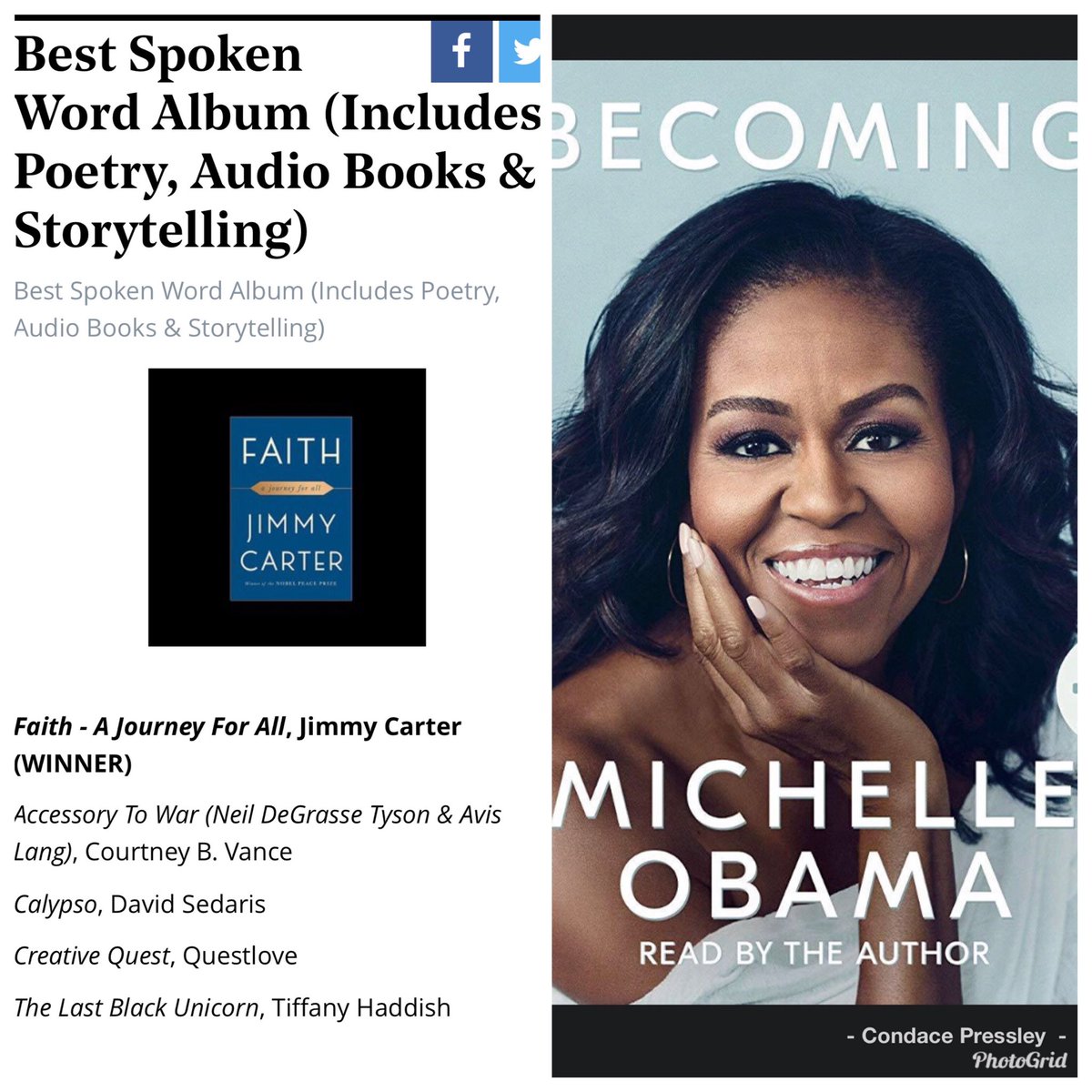 condo29's tweet image. Former President #JimmyCarter wins this year.  Bet @MichelleObama wins next year. #Iambecoming #GRAMMYs